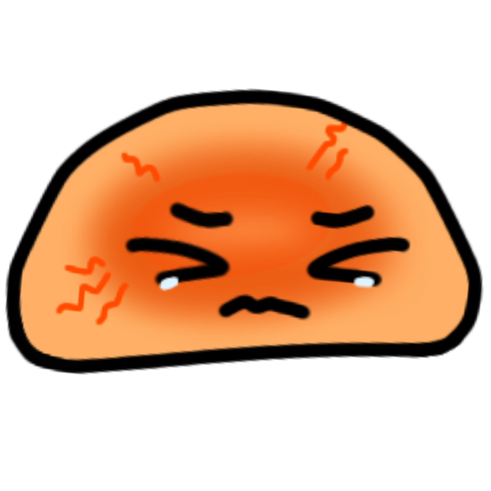 A pastel orange blob with a red oval radiating in its center and red sparks popping off the oval. It has a distressed expression with its brows pinned and tears on the edges of its closed eyes.